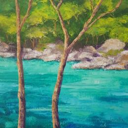 Painting L'endroit rêvé by Bessé Laurelle | Painting Figurative Oil Landscapes, Marine, Pop icons