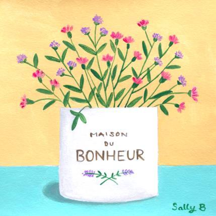 Peinture Maison Du Bonheur Fleurs par Sally B | Tableau Art naïf Acrylique Natures mortes