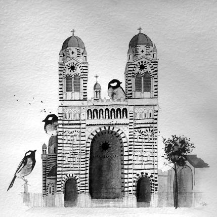 Peinture Dimanche par Mü | Tableau Figuratif Encre Animaux, Architecture, Noir & blanc