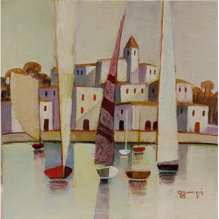 Peinture La voile mauve AO71 par Burgi Roger | Tableau Figuratif Acrylique Marine