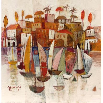 Peinture Village or et bateaux AM27 par Burgi Roger | Tableau Figuratif Acrylique Marine