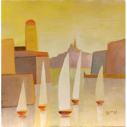 Peinture Soleil sur le Port AO85 par Burgi Roger | Tableau Figuratif Acrylique Marine, Paysages