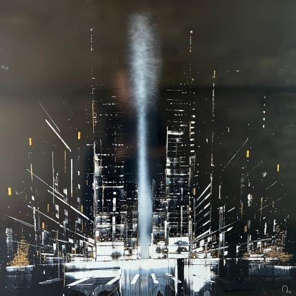 Painting Sunset Over by Rey Julien | Painting Figurative Gold leaf Architecture, Minimalist, Urban