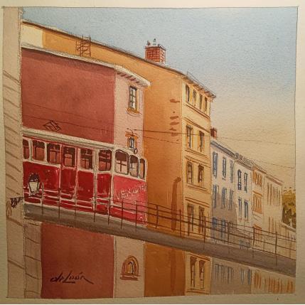 Peinture Téléphérique à Lyon  par De León Lévi Marcelo | Tableau Figuratif Aquarelle Urbain