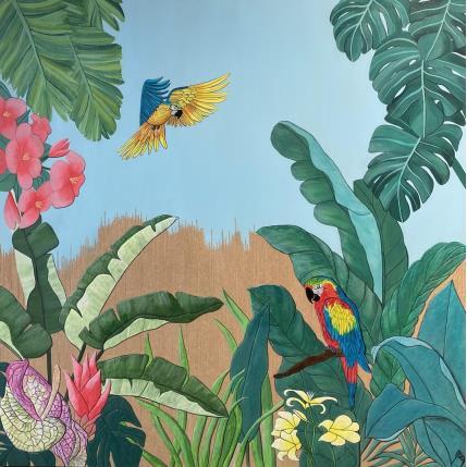 Peinture Aras de Macao par Geiry | Tableau Matiérisme Acrylique, Bois, Carton, Textile Animaux, Paysages