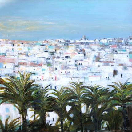 Peinture Maisons blanches et palmiers par Fièvre Véronique | Tableau Figuratif Acrylique Paysages, Urbain