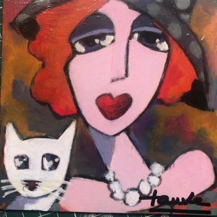 Peinture Madame et son chat  par Fauve | Tableau Figuratif Acrylique Scènes de vie