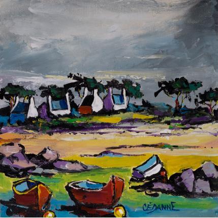 Peinture Ciel gris et barques rouges  par Cédanne | Tableau Figuratif Acrylique, Huile Paysages