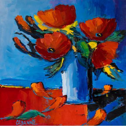 Peinture Bouquet de coquelicots sur fond bleu par Cédanne | Tableau Figuratif Acrylique, Huile Natures mortes
