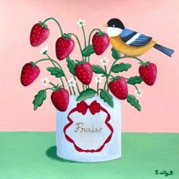 Peinture Fraise avec oiseau par Sally B | Tableau Art naïf Acrylique Animaux