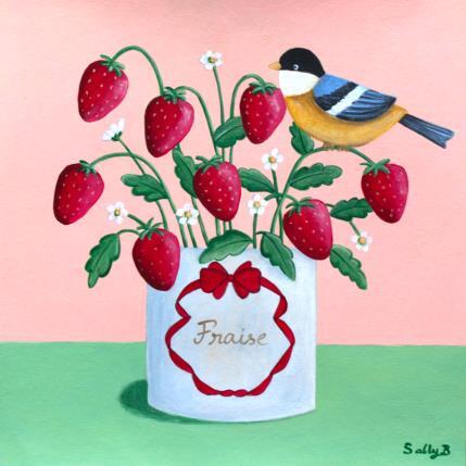 Peinture Fraise avec oiseau par Sally B | Tableau Art naïf Acrylique Animaux