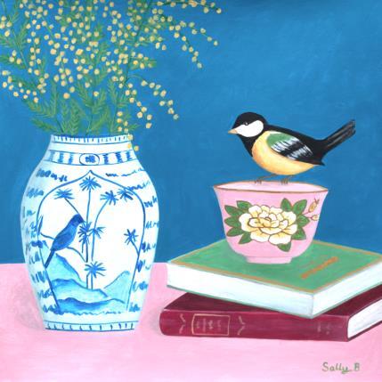 Peinture Oiseau avec mimosa chinoiserie par Sally B | Tableau Art naïf Acrylique Natures mortes