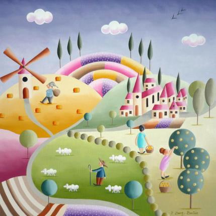 Peinture La cueillette des prunes par Davy Bouttier Elisabeth | Tableau Art naïf Huile Paysages, Scènes de vie