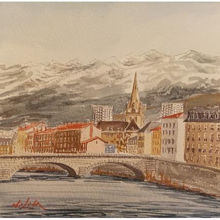 Peinture Ville entre rivière et montagnes par De León Lévi Marcelo | Tableau Figuratif Aquarelle Urbain