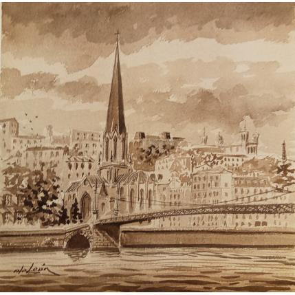 Peinture Paysage lyonnais en Sépia  par De León Lévi Marcelo | Tableau Figuratif Aquarelle Urbain
