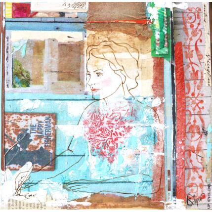 Painting Poésie de l'instant by Sablyne | Painting Figurative Acrylic, Cardboard, Gluing, Gold leaf, Ink, Paper, Pastel, Pigments, Textile, Upcycling, Wood Life style, Portrait, Society