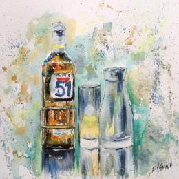 Painting Un pastis? by Hoffmann Elisabeth | Painting Figurative Watercolor Life style, Pop icons, Still-life