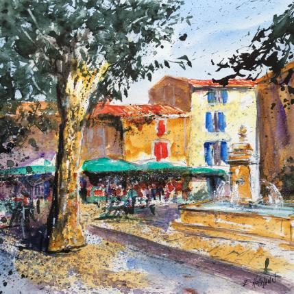 Peinture Fontaine sur la place des marronniers par Hoffmann Elisabeth | Tableau Figuratif Aquarelle Urbain