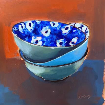 Peinture 3 bols verts et fleuris par Morales Géraldine | Tableau Figuratif Huile Natures mortes