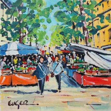 Peinture MARCHE BOULEVARD RASPAIL A PARIS par Euger | Tableau Figuratif Acrylique Scènes de vie, Urbain
