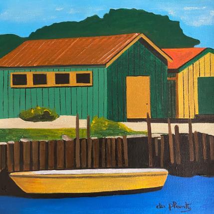 Peinture Cabane verte et Bateau Jaune par Du Planty Anne | Tableau Figuratif Acrylique Marine, Urbain