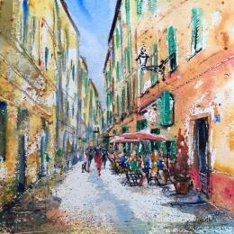 Painting  Promenade colorée  by Hoffmann Elisabeth | Painting Figurative Watercolor Urban