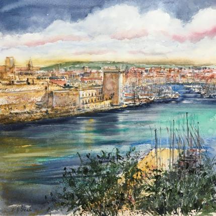 Peinture  La tour du Roi René à Marseille  par Hoffmann Elisabeth | Tableau Figuratif Aquarelle Marine, Urbain