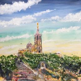Painting  Contre plongée sur Notre Dame de la Garde  by Hoffmann Elisabeth | Painting Figurative Watercolor Urban