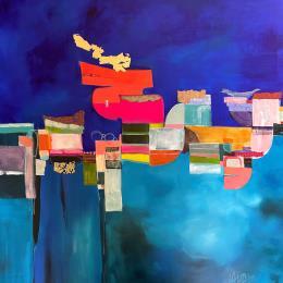 Peinture Le village des modernistes par Lau Blou | Tableau Abstrait Acrylique, Collage, Feuille d'or, Pastel Paysages