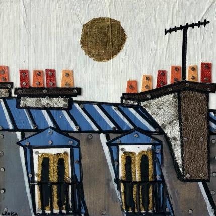 Peinture Sous le ciel par Lovisa | Tableau Figuratif Acrylique, Bois, Collage, Feuille d'or, Posca, Upcycling Urbain