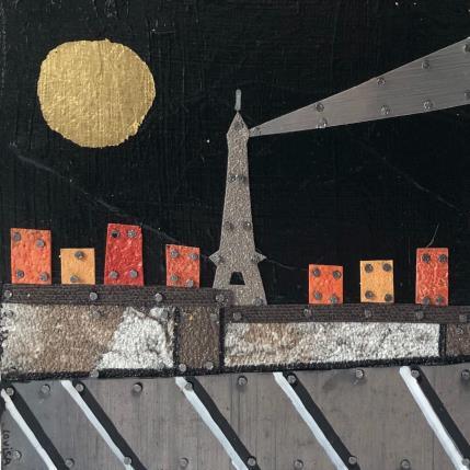 Peinture Nuit Noire par Lovisa | Tableau Figuratif Acrylique, Bois, Collage, Feuille d'or, Posca, Upcycling Urbain