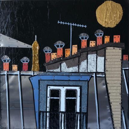 Peinture La nuit nous appartient par Lovisa | Tableau Figuratif Acrylique, Bois, Collage, Feuille d'or, Posca, Upcycling Urbain