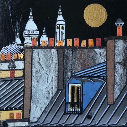 Peinture Bons baisers de la butte par Lovisa | Tableau Figuratif Acrylique, Collage, Feuille d'or, Posca, Upcycling Urbain