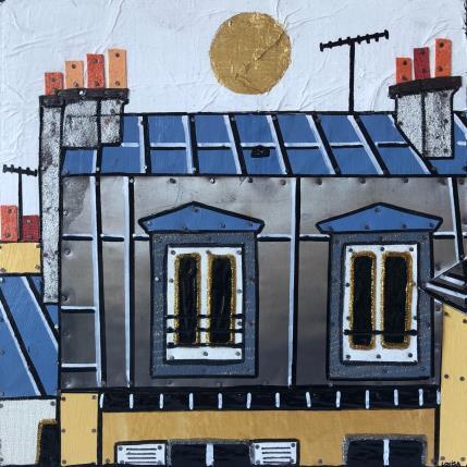 Peinture Dimanche matin par Lovisa | Tableau Figuratif Acrylique, Bois, Feuille d'or, Posca, Upcycling Urbain