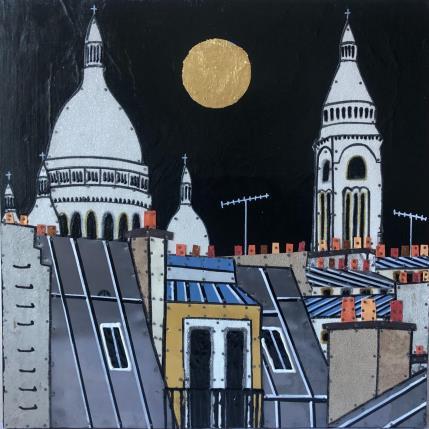 Peinture Montmartre Addict par Lovisa | Tableau Figuratif Acrylique, Collage, Feuille d'or, Posca, Upcycling Urbain