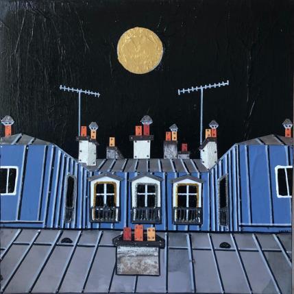 Peinture La ville dort par Lovisa | Tableau Figuratif Acrylique, Collage, Feuille d'or, Posca, Upcycling Urbain