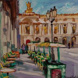 Gemälde Terrasse du café de la paix  von Novokhatska Olga | Gemälde Figurativ Acryl, Öl Urban