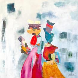 Painting la porteuse du bonheur  by Lau Blou | Painting Abstract Acrylic, Gluing, Gold leaf, Pastel Portrait