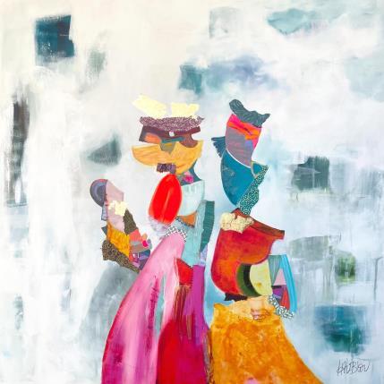 Peinture la porteuse du bonheur  par Lau Blou | Tableau Abstrait Acrylique, Collage, Feuille d'or, Pastel Portraits