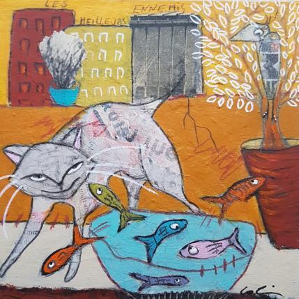 Peinture Les meilleurs ennemis #2 par Colin Sylvie | Tableau Art Singulier Acrylique, Collage, Pastel Animaux