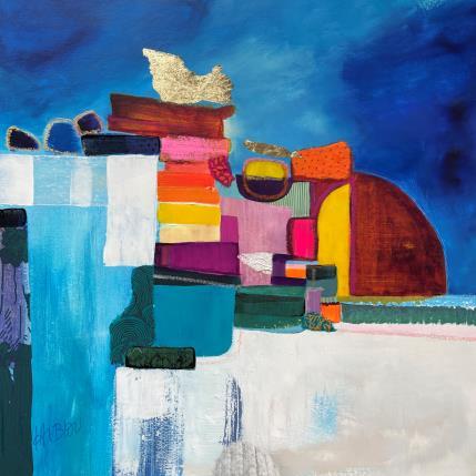 Peinture La villa de Melle Rose, la nuit par Lau Blou | Tableau Abstrait Acrylique, Collage, Feuille d'or, Papier, Pastel Paysages