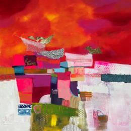 Painting Rivière cachée by Lau Blou | Painting Abstract Acrylic, Cardboard, Gluing, Gold leaf, Paper, Pastel Landscapes