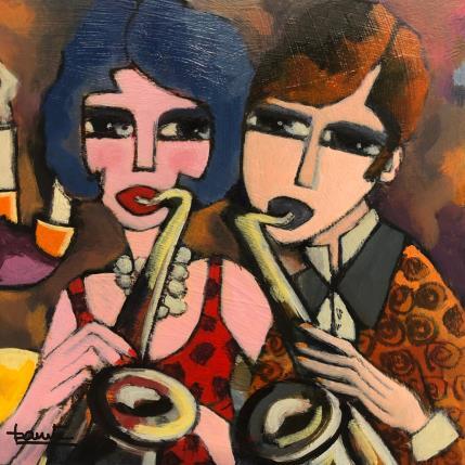 Peinture Couple au saxo par Fauve | Tableau Figuratif Acrylique Musique, Scènes de vie
