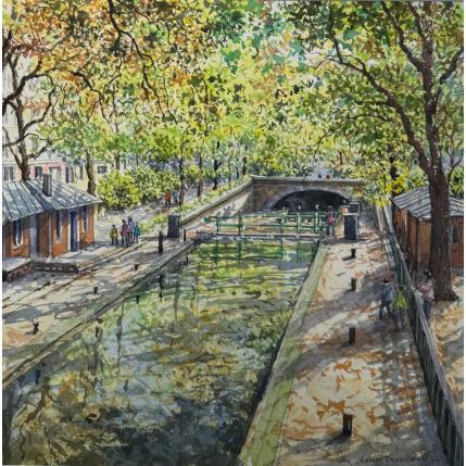 Peinture Le Canal St Martin par Decoudun Jean charles | Tableau Figuratif Aquarelle Urbain