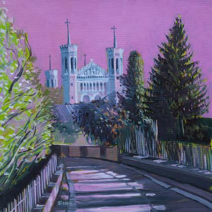 Peinture Notre-Dame de Fourvière en rose par Sirope Rémy | Tableau Figuratif Huile Architecture