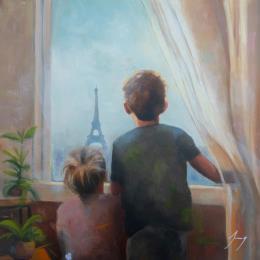Peinture Bonjour Paris par Jung François | Tableau Figuratif Huile Portraits, Scènes de vie