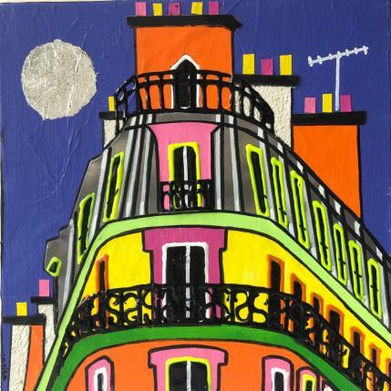 Peinture Nuit Pop par Lovisa | Tableau Figuratif Acrylique, Collage, Feuille d'argent, Posca, Upcycling Urbain