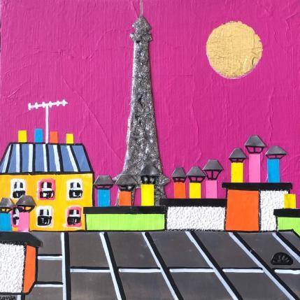 Peinture La Dame en Rose par Lovisa | Tableau Figuratif Acrylique, Collage, Feuille d'or, Posca, Upcycling Urbain