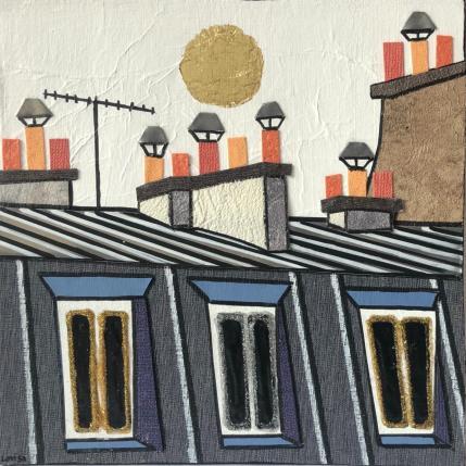 Peinture Au Petit Matin par Lovisa | Tableau Figuratif Acrylique, Collage, Feuille d'or, Posca, Upcycling Urbain