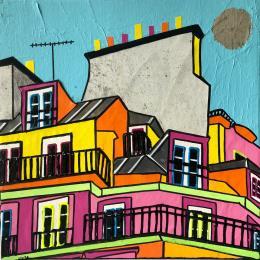 Painting Tout le bleu du ciel by Lovisa | Painting Pop-art Acrylic, Gluing, Posca, Silver leaf, Upcycling Urban